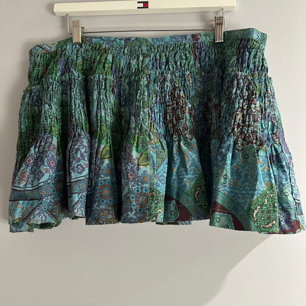 American Star Paisley Mini Skirt Womens XL Teal Green Boho Tiered Smock